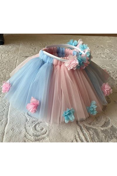 Sare Çocuk Giyim Set de fuste tutu și coroană cu flori în 3 mărimi, roz caramel, albastru