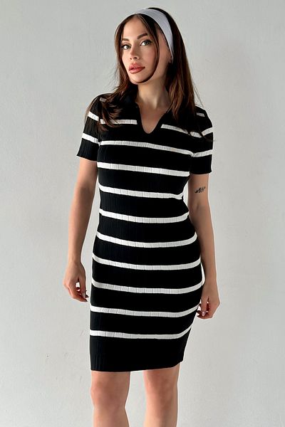 MODAGEN Women's Striped Black Polo Collar Short Sleeve Knitwear Dress