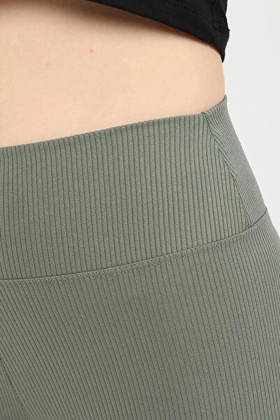 EDAMODA Khaki High Waist Ribbed Fleece Inside Firming Leggings