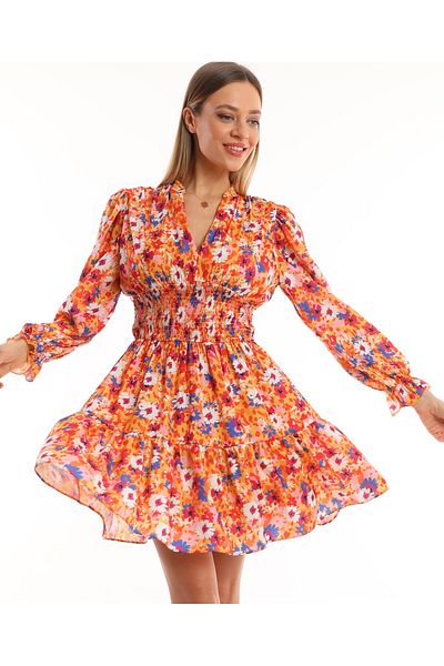 Miss Allos V-neck Skirt Ruffle Waist Elastic Lined Printed Mini Dress