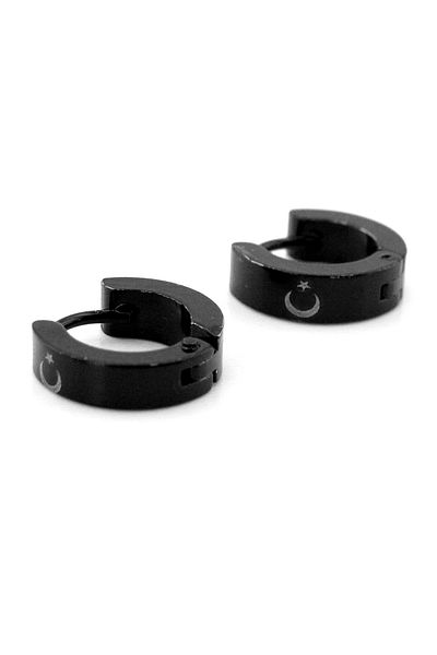 Solfera Turkish Flag Moon Star Black Color Steel Hoop Men's Earrings ER075
