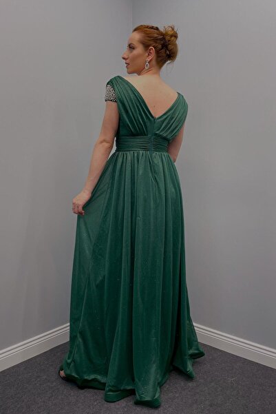 ZEYWEAR Kadın Omuzları Taşlı Uzun Abiye Yeşil