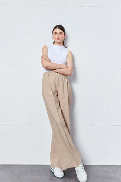 FABB Pantaloni Palazzo texturați cu buzunare din nurcă și talie elastică la s...