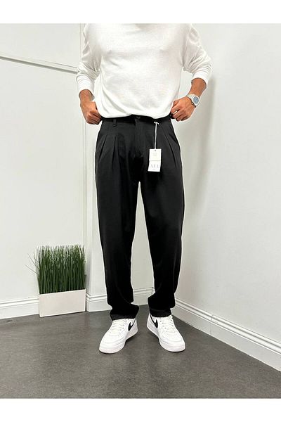 Gambocci Men's Pleated Baggy Comfortable Fit Fabric Trousers