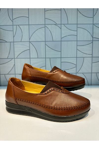 Anıl Ayakkabı Castle 42636 Women's TABA Light Brown Rubber Detail Orthopedic Genuine Leather Walking Casual Shoes