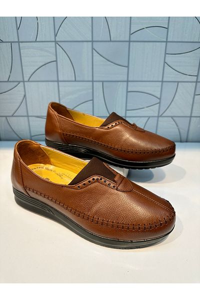 Anıl Ayakkabı Castle 42636 Women's TABA Light Brown Rubber Detail Orthopedic Genuine Leather Walking Casual Shoes