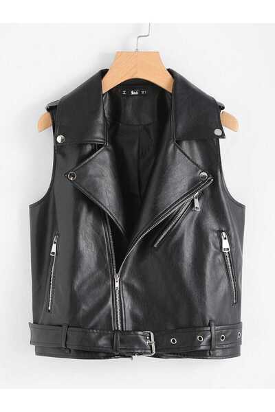 Genel Markalar Kadın Hakiki Deri Yelek Fermuarlı