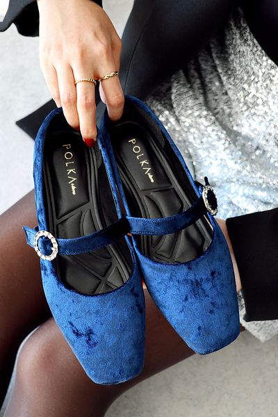 POLKA STORE Velvet Velvet Closed Back Single Band Square Toe Women's Ballerina Shoes with Helmet Mary Jane
