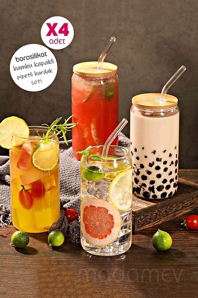 Madamev 4-Piece Bamboo Lid Glass Cup with Straw Heat Resistant Borosilicate Coke Shaped Coffee Presentation Cup