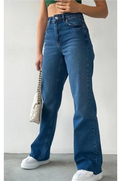 ModaDeniz Jeans - Pantaloni de jeans cu talie super înaltă Palazzo Lycra albastru închis