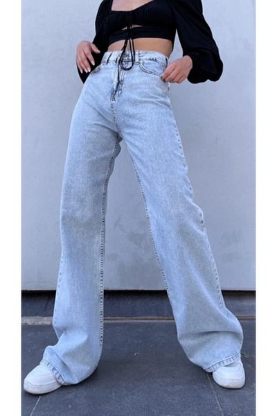 ModaDeniz Jeans -Ice Blue Palazzo Loose Leg Ice Snow Wash High Waist Stretch Jeans