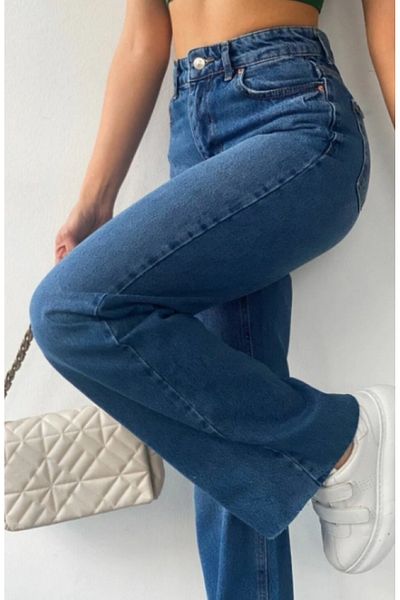 ModaDeniz Jeans - Pantaloni de jeans cu talie super înaltă Palazzo Lycra albastru închis