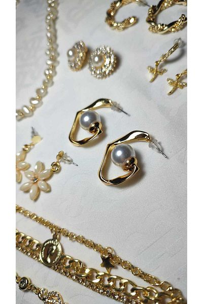 RSB Bijuteri Necklace, Earrings, Bracelets, Zircon and Pearl Jewelry 8 Pieces Gift Package in a Set
