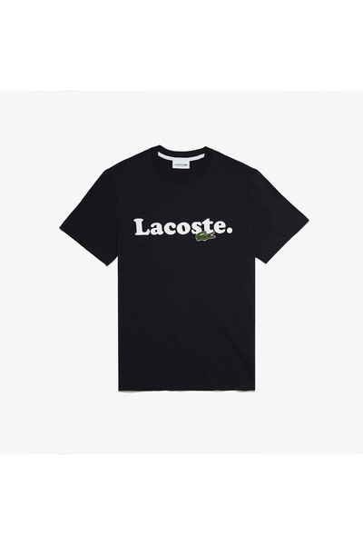 Lacoste تي شيرت أسود مطبوع برقبة دائرية للرجال