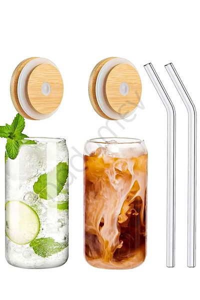 Madamev 6-Piece Bamboo Lid Glass Cup with Straw Heat Resistant Borosilicate Coke Shaped Coffee Presentation Cup
