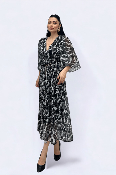 giyimmasalı Şifon Kumaş Yarasa Kol Midi Elbise - SİYAH