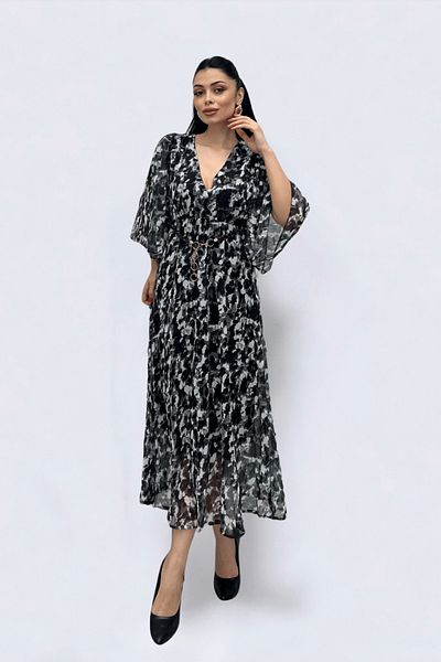 giyimmasalı Chiffon Fabric Bat Sleeve Midi Dress - BLACK