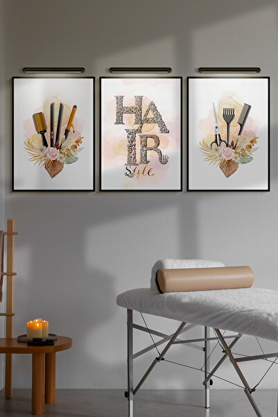 UON Güzellik Salonu Kuaför Siyah Çerçeve Görünümlü 3 Parça Mdf Tablo Seti Mdf Baskı Mdf Duvar Tablosu