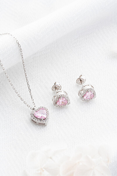 ESSARE 925 Ayar Gümüş Pembe Taşlı Kalp Küpe Ve Kolye Set
