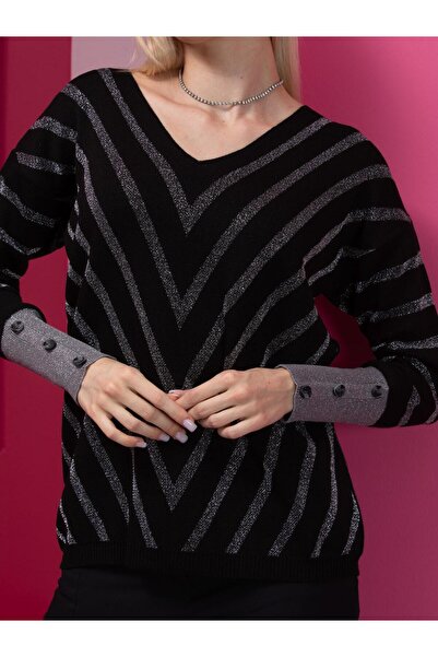 Moda Days Pulover de damă cu decolteu în V cu dungi negre