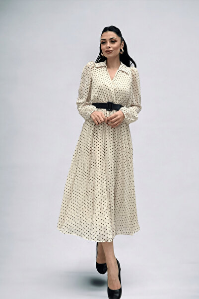 giyimmasalı Chiffon Fabric Polka Dot Detailed Pleated Midi Dress - CREAM