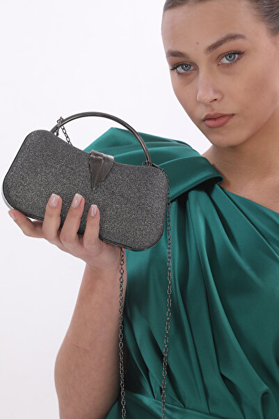 womenacs Geantă de seară clutch, din material cu sclipici de culoare platină, cu accesorii în formă de frunze, portofoliu.