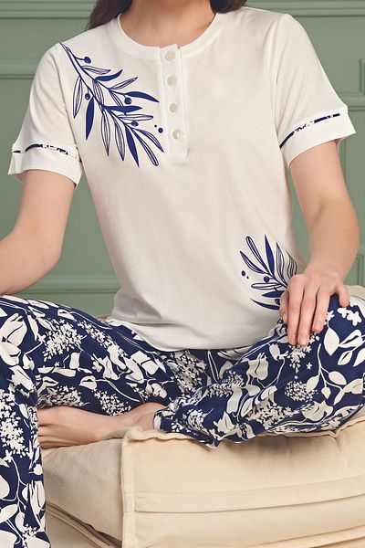BSM Set pijamale pentru femei cu model de înaltă calitate - 100% bumbac pieptănat, mânecă scurtă