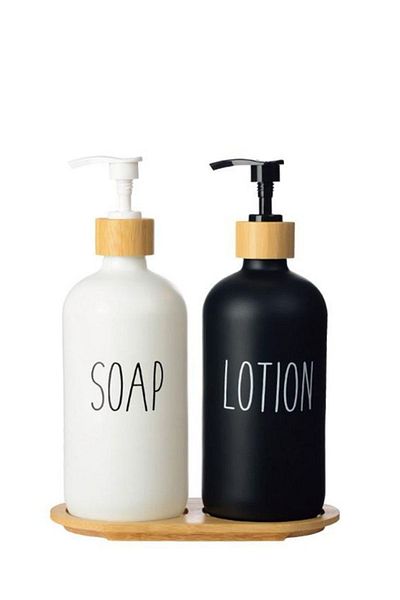 Digithome 2-Piece Glass Liquid Soap and Lotion Bottle with Wooden Stand Soap Dispenser 500 Ml - E/6 C1-1-289