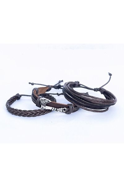 BSN Store Viking Thor Axe Figured 3-Piece Handmade Leather Bracelet