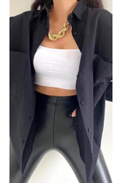 JUST MAY Kadın Siyah Çift Cepli Oversize Keten Gömlek