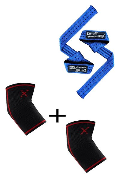 Dex Supports Lasting Energy Fitness Elbow Brace Elbow Sleeve + Weight Lifting Strap Lifting Straps Pro Blue 2 Pack