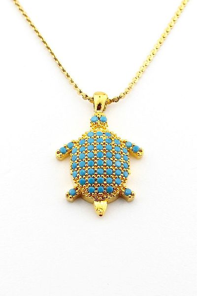 Solfera Sea Turtle Blue Jewelled Ocean Reef Yellow Steel Chain Women's Necklace Q0789