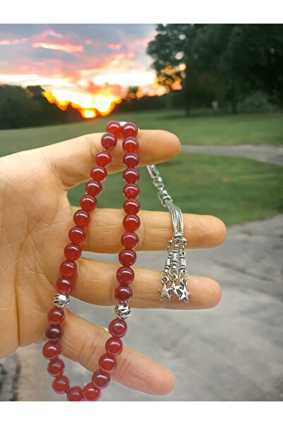 DOĞAL TAŞ CENNETİ Red Natural Stone Agate Prayer Beads - Silver Coated in Cer...