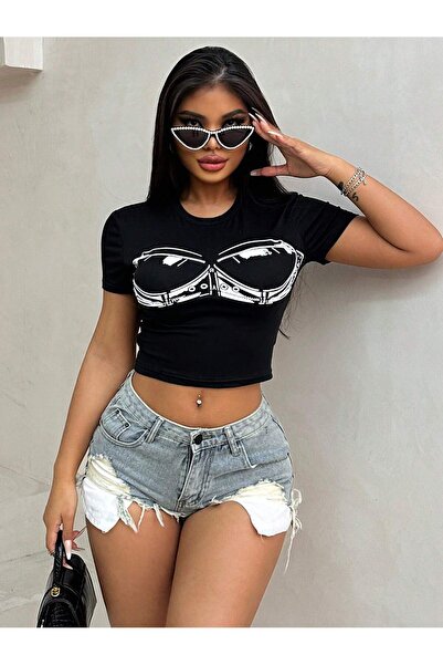 Jose Clothing Γυναικεία κοντομάνικη μπλούζα από οργανικό βαμβάκι με μαύρη στάμπα