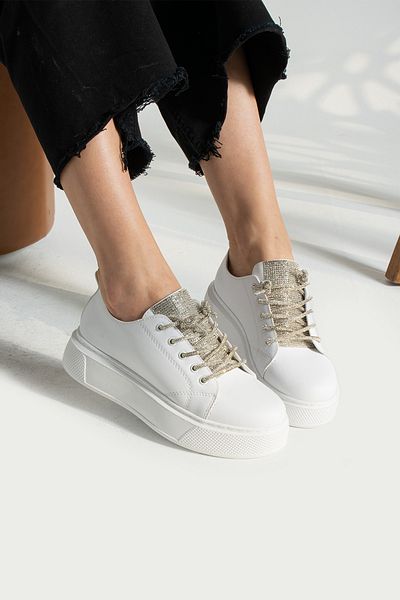 İnan Ayakkabı Pantofi de damă de culoare albă cu piatră detaliată sport și pantofi sport, talpă de 4 cm