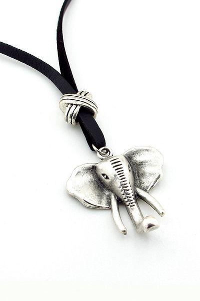 Solfera ELEPHANT ELEPHANT METAL MEDAL BLACK LEATHER MEN'S NECKLACE Q0653