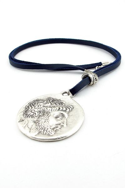 Solfera PHILIP V ANTIQUE GREEK MACEDON MEDALLY LEATHER MEN'S NECKLACE Q0648