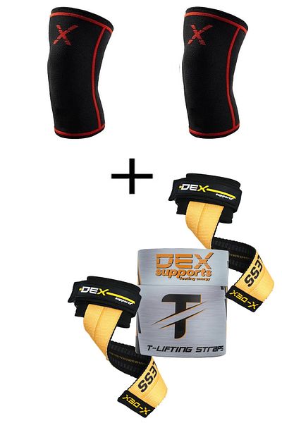 Dex Supports Lasting Energy T-Grips Lifting Straps Weight Belt+Knee Sleeve Fitness Sports Knee Pad Training Knee Pad 2 Pack