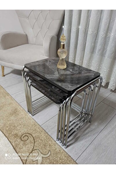 GÜVENÇ 4'lü Zigon Sehpa Nikelaj Kaplama Metal Ayaklı Alaca Siyah Mermer Desen