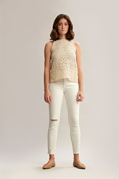 By Mare Style Loretta Top - Sleeveless Patterned, Natural Colored Cotton Embroidery Blouse