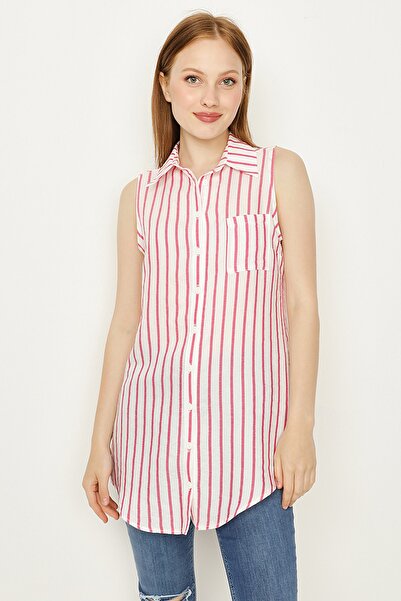Select Moda Kadın Pembe Çizgili Kolsuz Gömlek