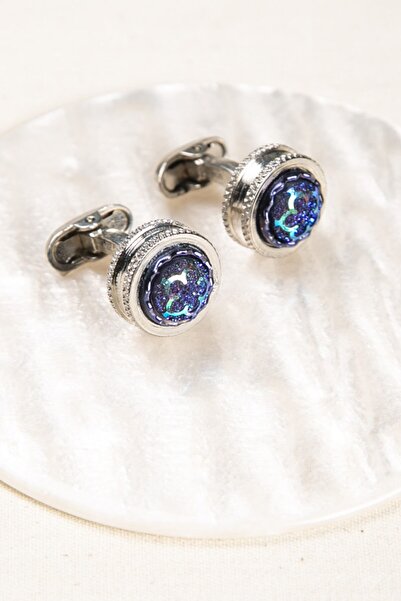 BAYEFENDİ Parlak Mavi Taşlı Kol Düğmesi