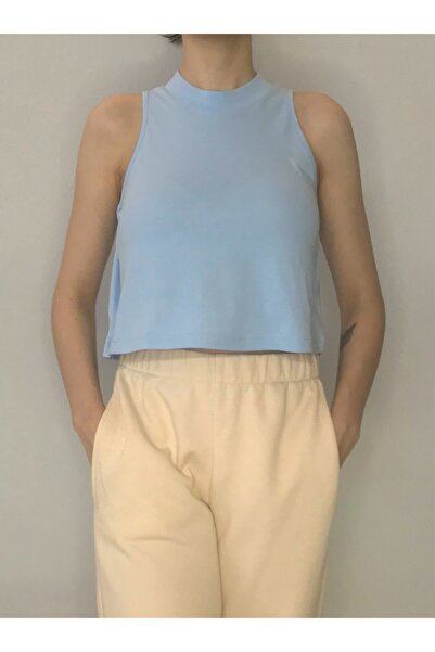 Bomenti Life Women's Blue Sleeveless Stand Collar 100% Cotton Crop T-shirt