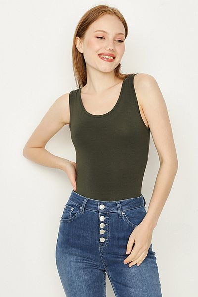 Select Moda Women's Khaki Crew Neck Bottom Snap Body