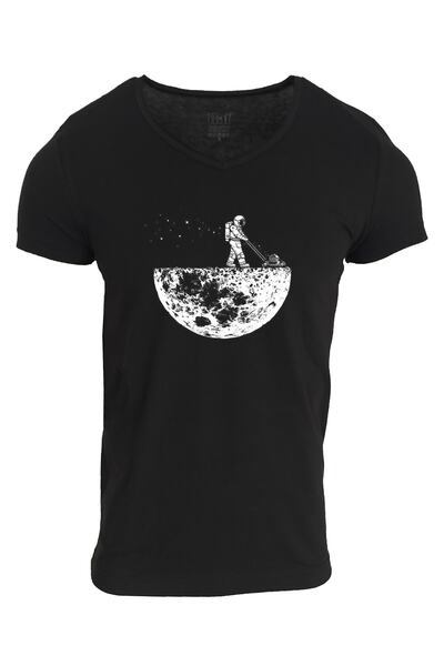 Raf Coll Tricou negru unisex cu decolteu în V imprimat
