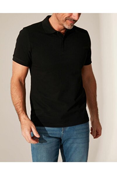 SİMENTİ Erkek Siyah Perfore Yakalı Klasik Kısa Kol Cepli Tişört