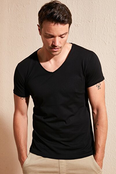 Buratti Ανδρικό μπλουζάκι από βαμβακερό μαύρο βασικό μπλουζάκι με λαιμόκοψη 54154
