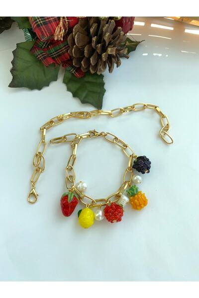 Neta Kadın Karışık Murano Meyveli Altın Kaplama Kolyeye Dönüşen Bileklik