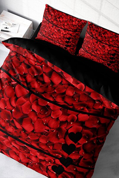 MonoHome Set de lenjerie de pat din satin de bumbac dublu 3D Digital Rose Fea...