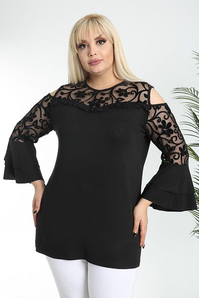 Kheos Hayal Tulle with Flock Print Spanish Sleeve Blouse